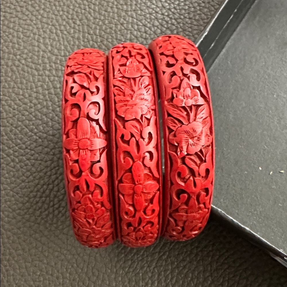 Vintage Hand Carved Cinnabar Flower Bracelets Bundle